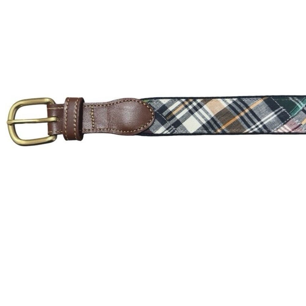 Leather Man Ltd Plaid Leather Belt Sz 36 Canvas Brass Buckle Preppy USA Preppy